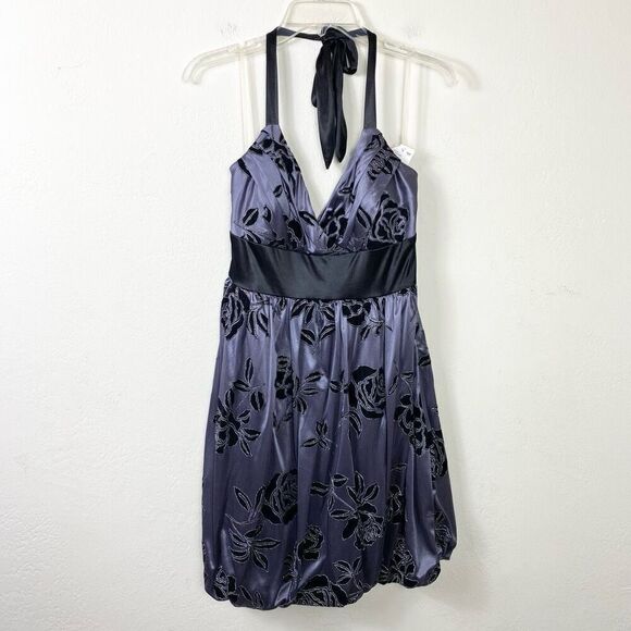 Trixxi Blue & Black Floral Tie Waist Bubble Hem Halter Neck Formal Dress Size L - Picture 1 of 6